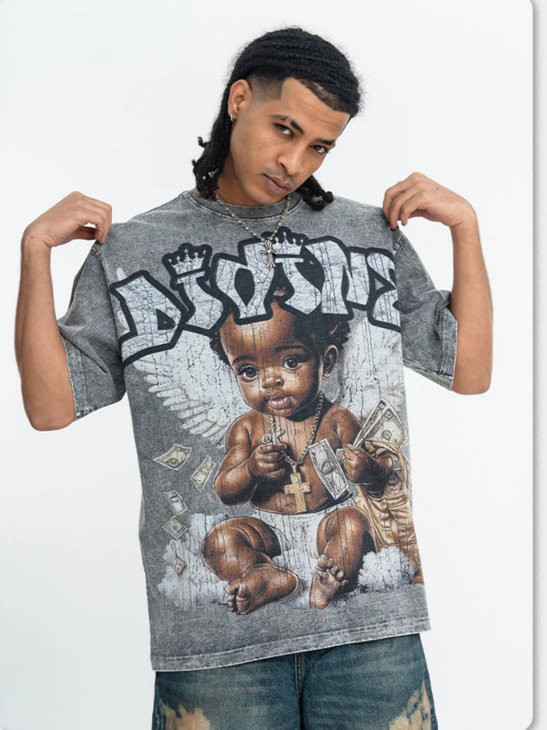 Washing Water Retro Angel Child Printed Loose-fit T-shirts - Image 5