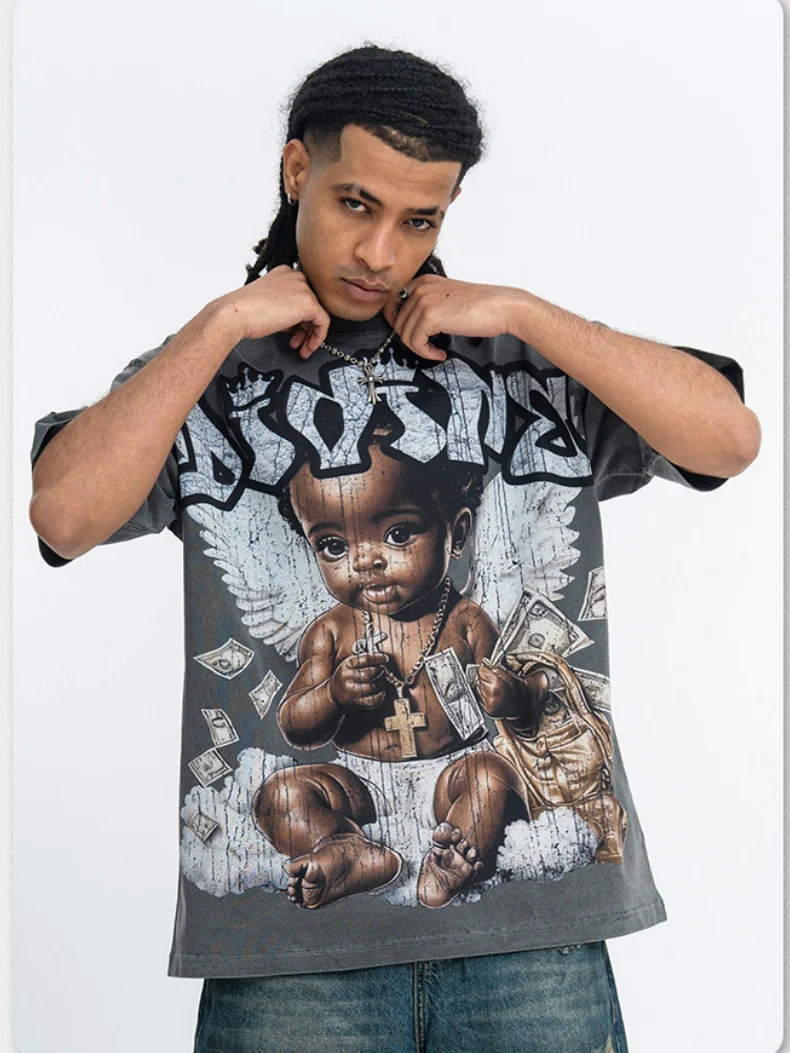 Washing Water Retro Angel Child Printed Loose-fit T-shirts - Image 7