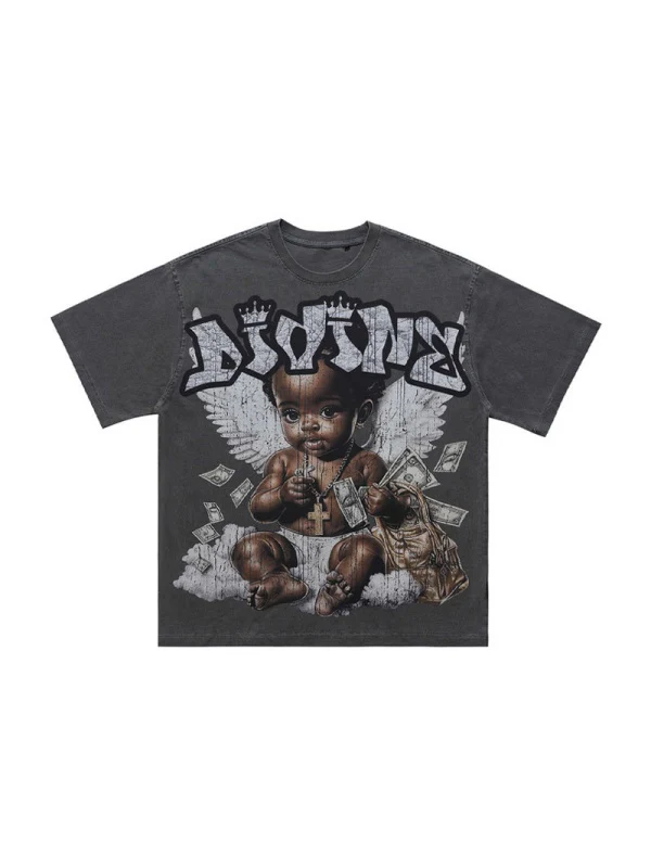 Washing Water Retro Angel Child Printed Loose-fit T-shirts - Image 8