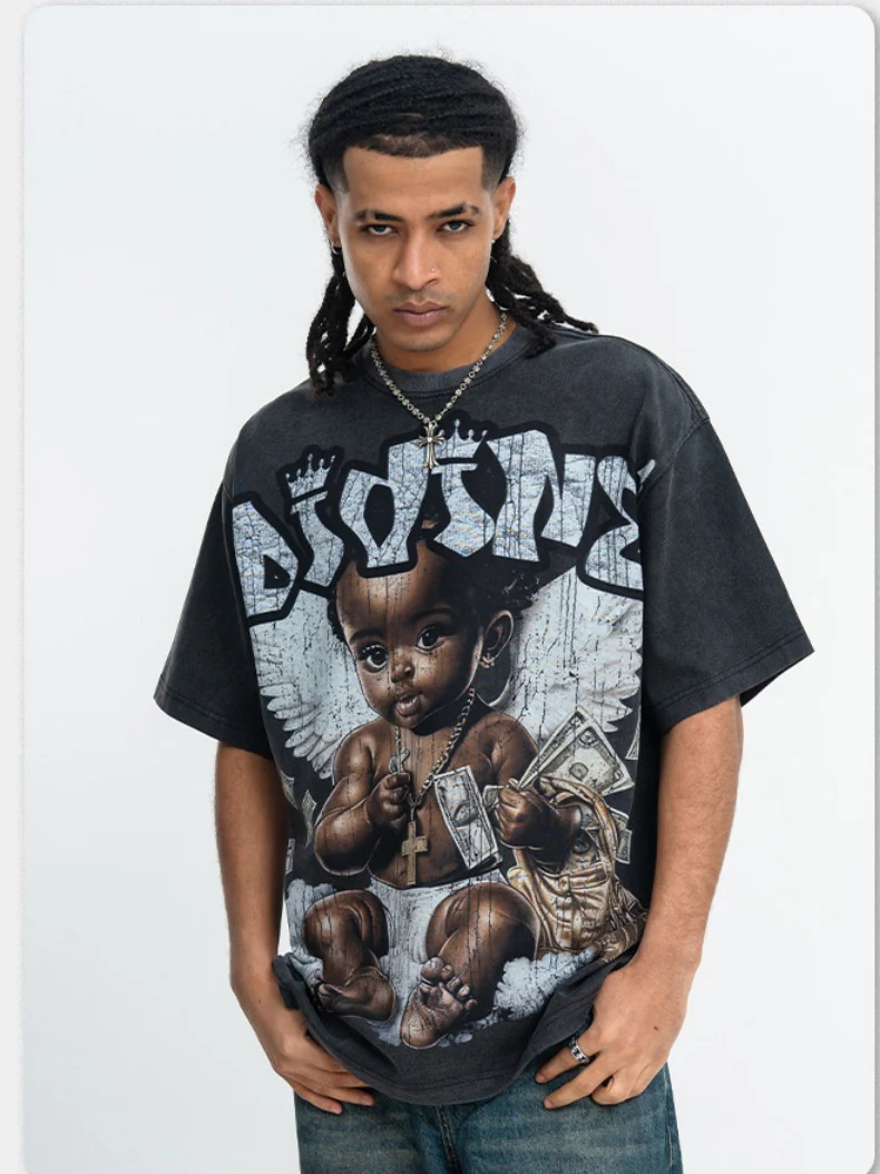 Washing Water Retro Angel Child Printed Loose-fit T-shirts - Image 9