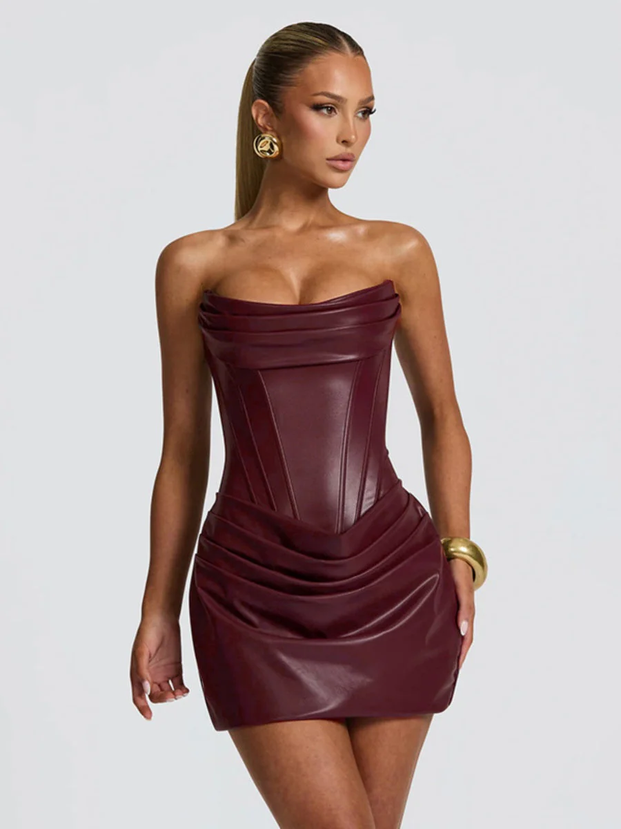 PU Pleated Fishbone Strapless A-line Bustier Mini&Short Dresses - Image 13