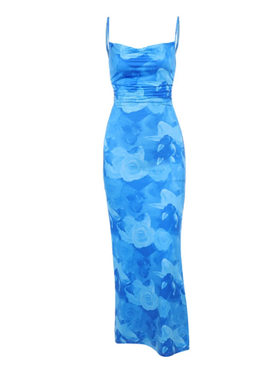 Flowers Printed Waist-cinching And Hip-hugging Swing Collar Camisoles Maxi Dresses - Image 11