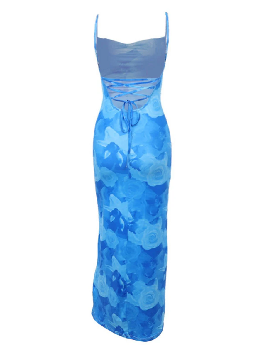 Flowers Printed Waist-cinching And Hip-hugging Swing Collar Camisoles Maxi Dresses - Image 12