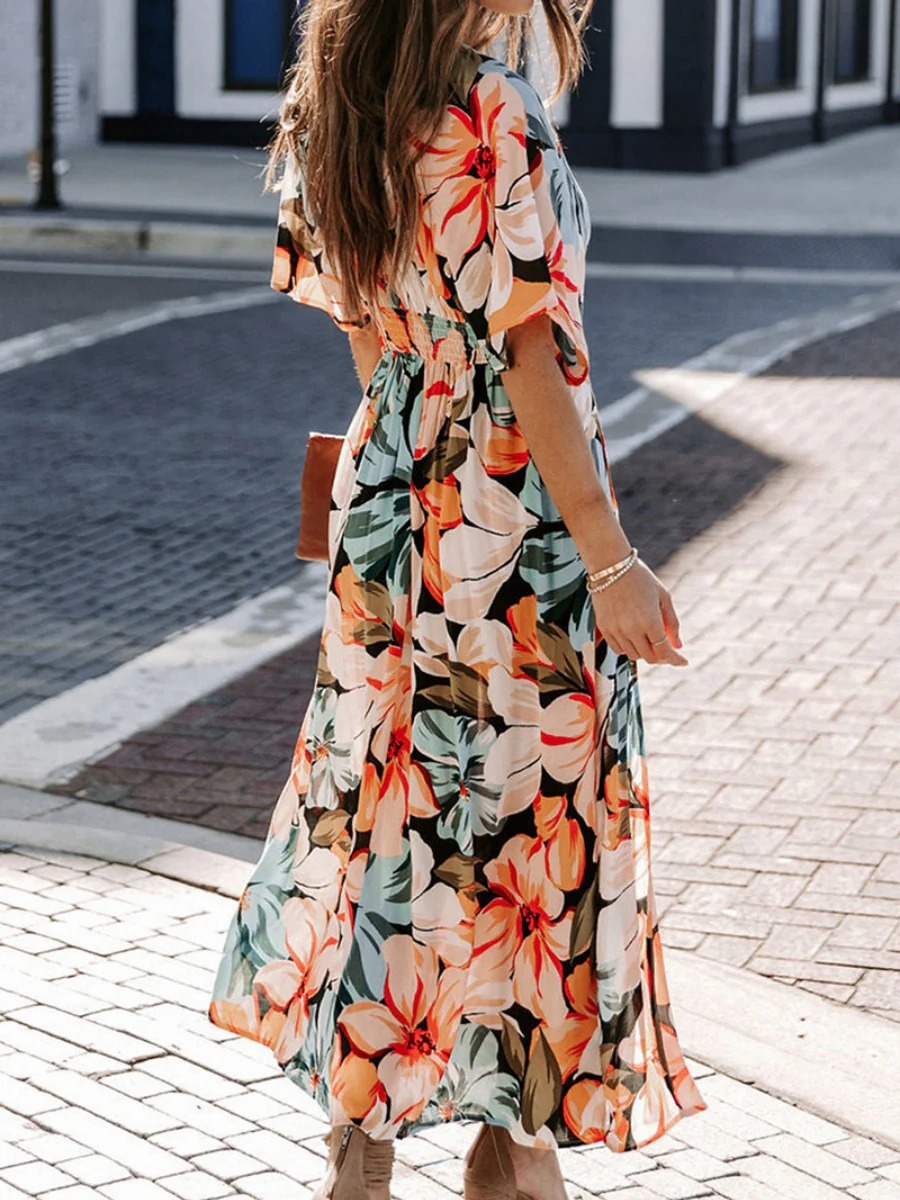 V-neck Short-sleeved Floral Print High-slit Long Dress - Image 2