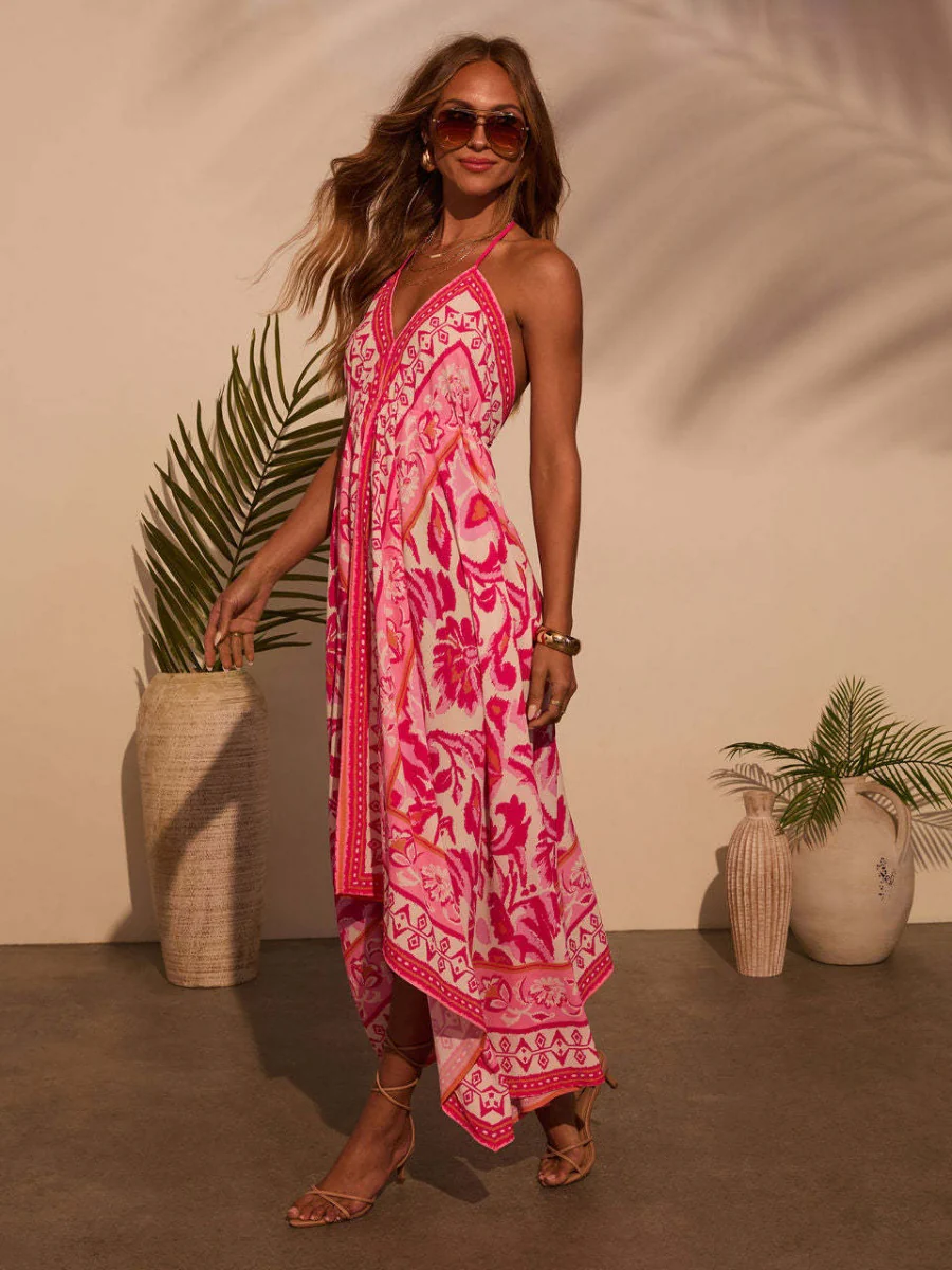 Ethnic-style Printed Off-shoulder V-neck Spaghetti Strap Long Dress - Image 15