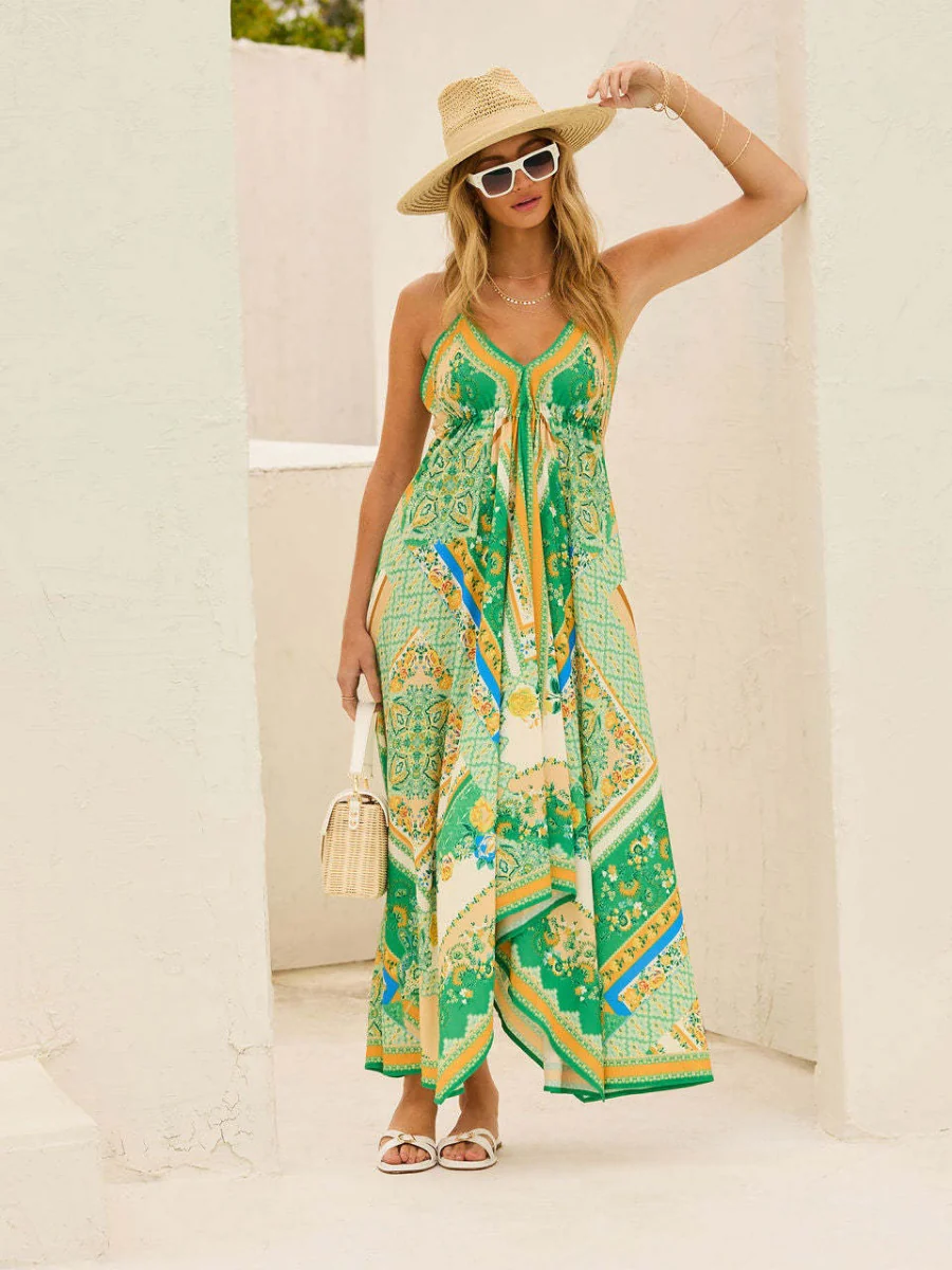 Ethnic-style Printed Off-shoulder V-neck Spaghetti Strap Long Dress - Image 3