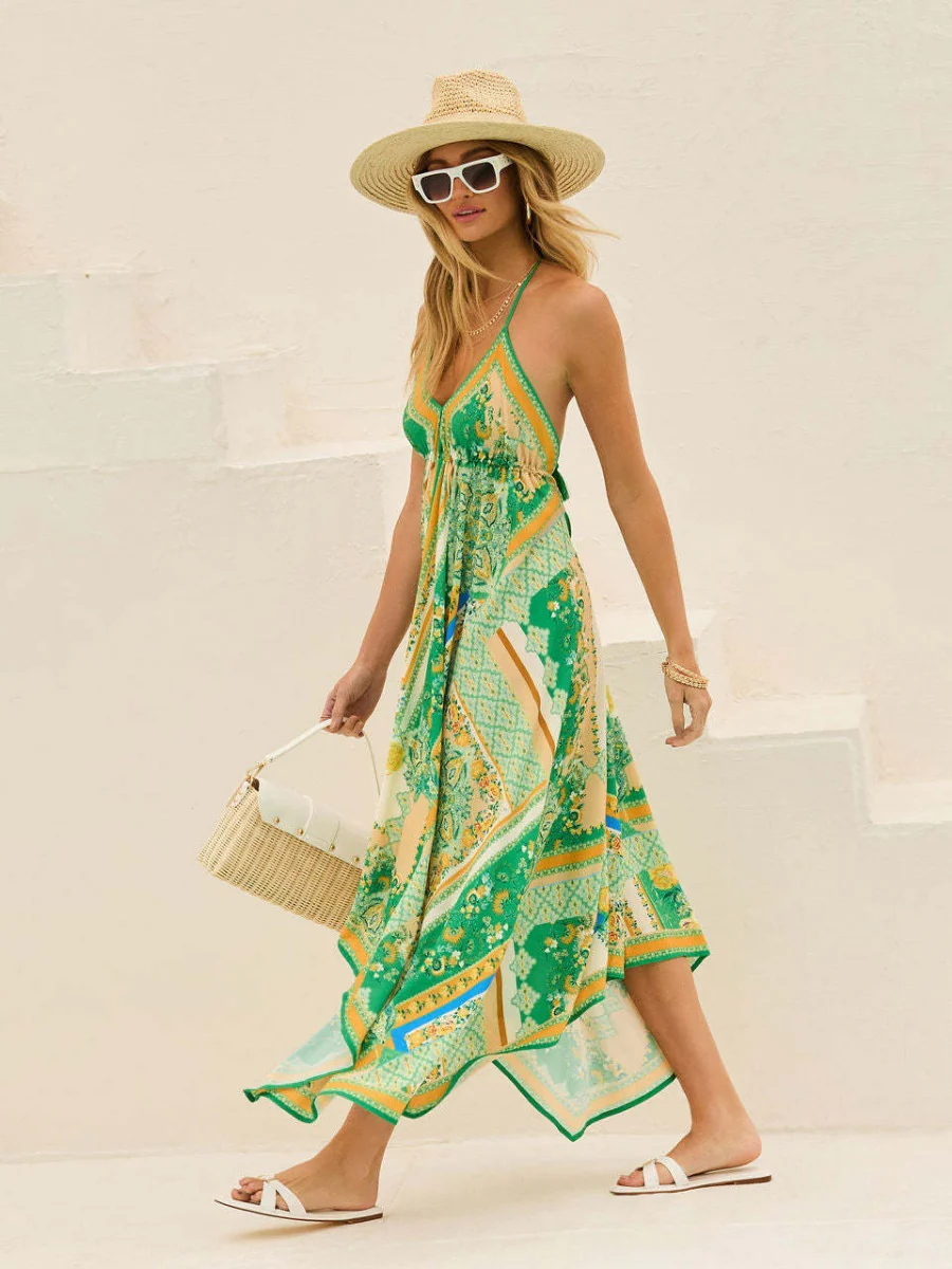 Ethnic-style Printed Off-shoulder V-neck Spaghetti Strap Long Dress - Image 4