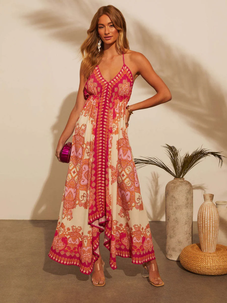 Ethnic-style Printed Off-shoulder V-neck Spaghetti Strap Long Dress - Image 6