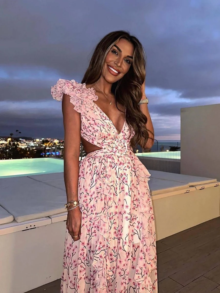 Floral Deep-V Maxi Dress – Shoulder Flower Accent - Image 7