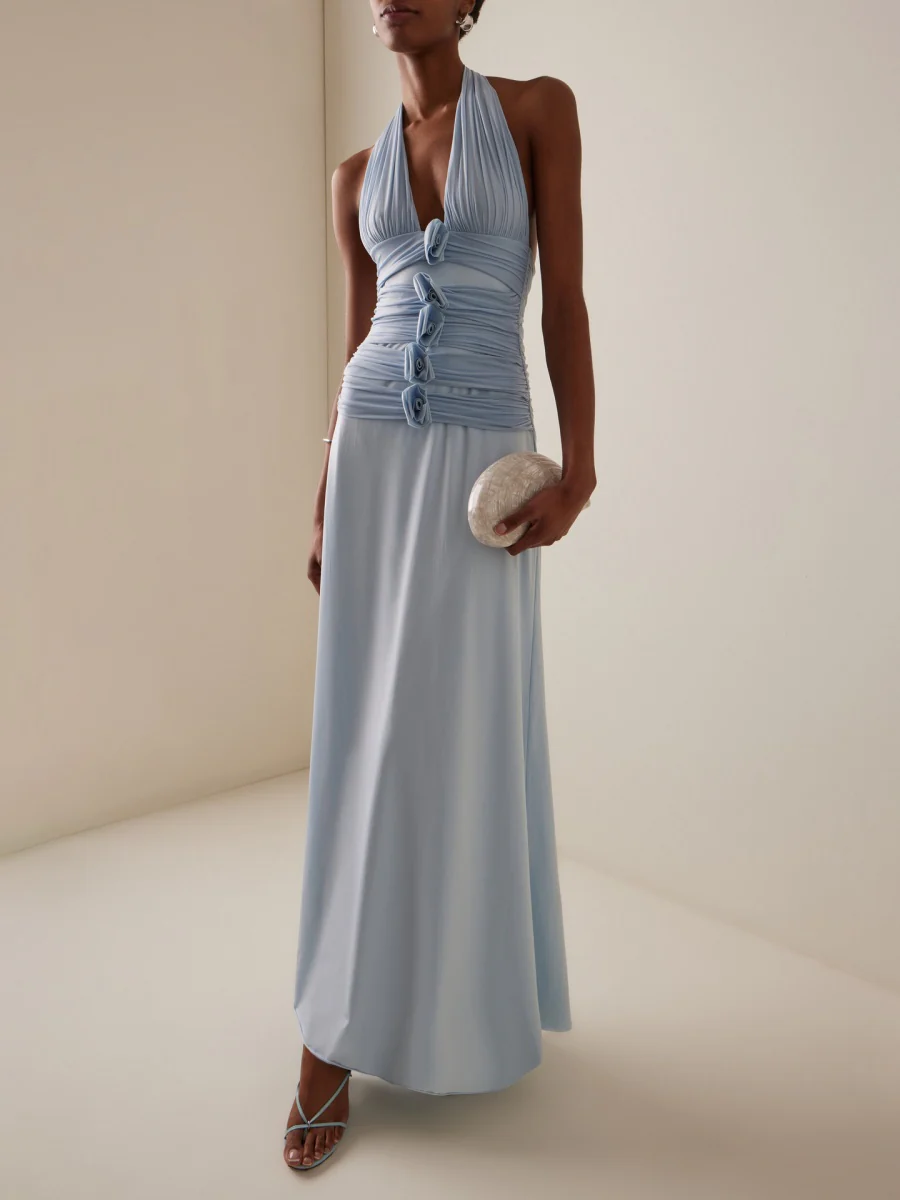Halter Slit Deep V Big Backless 3D Flowers Blue Maxi Dresses