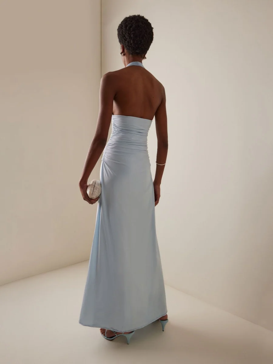 Halter Slit Deep V Big Backless 3D Flowers Blue Maxi Dresses - Image 4