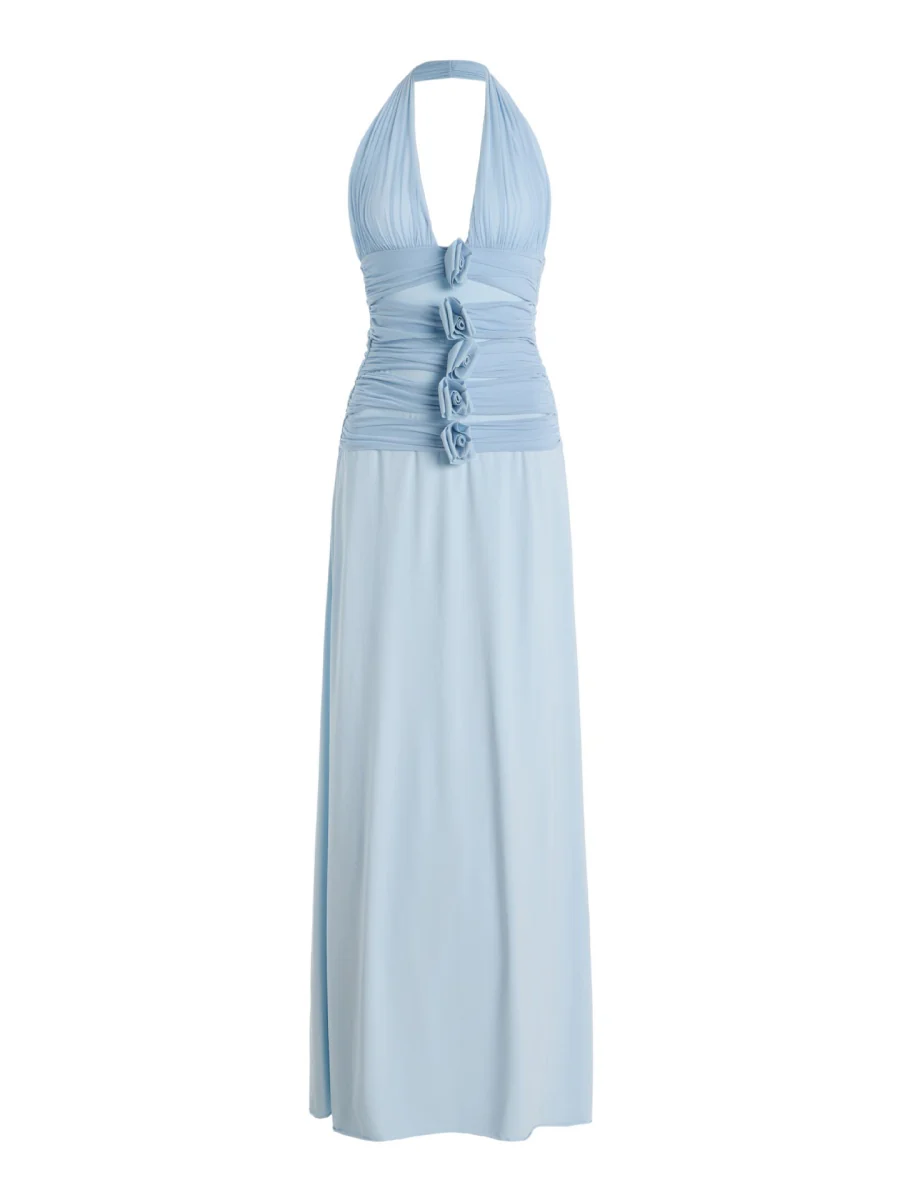 Halter Slit Deep V Big Backless 3D Flowers Blue Maxi Dresses - Image 5