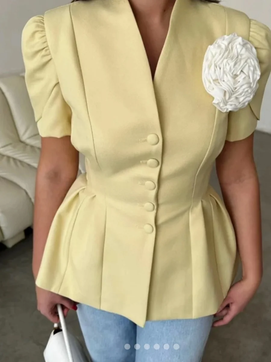 Waist 3D Flowers Short Sleeve Suit Jacket Commuting Shirts - Image 6