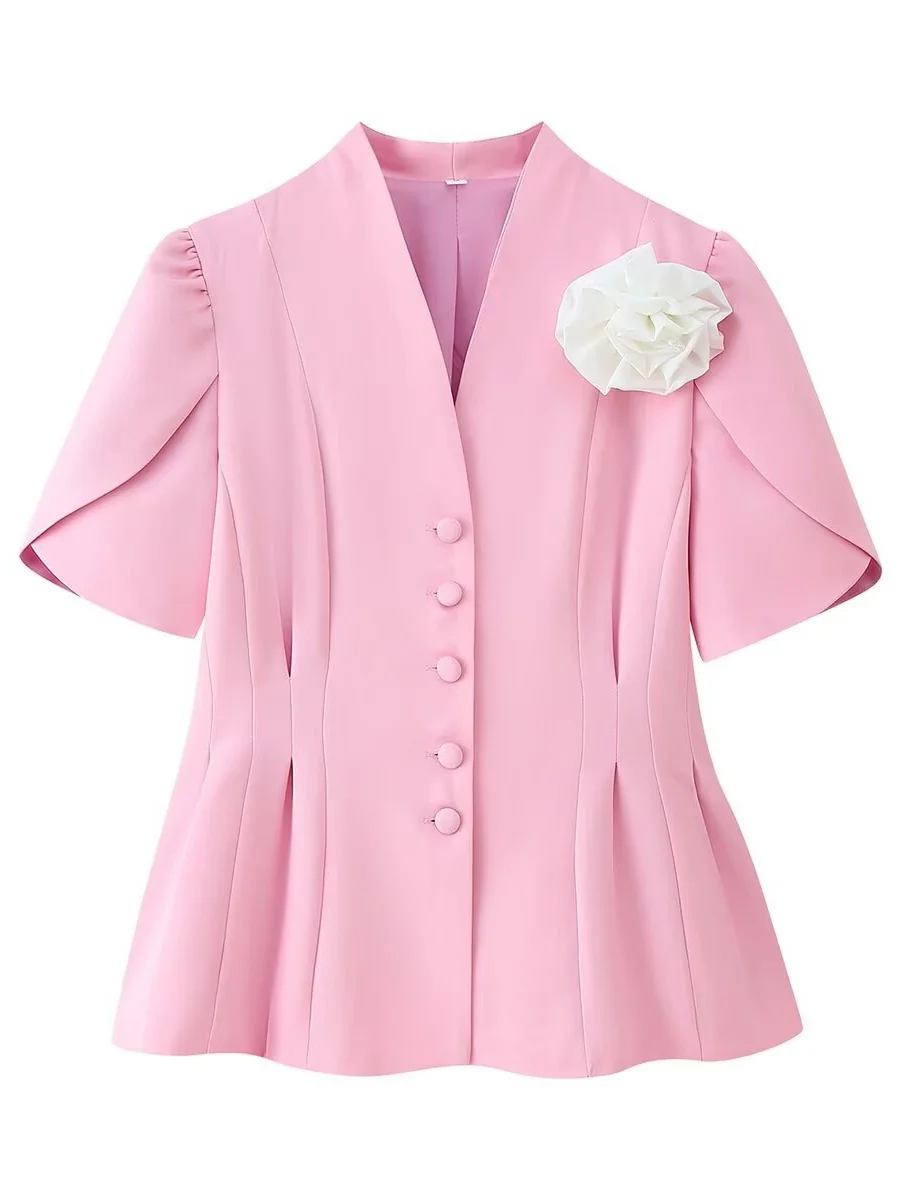 Waist 3D Flowers Short Sleeve Suit Jacket Commuting Shirts - Image 7