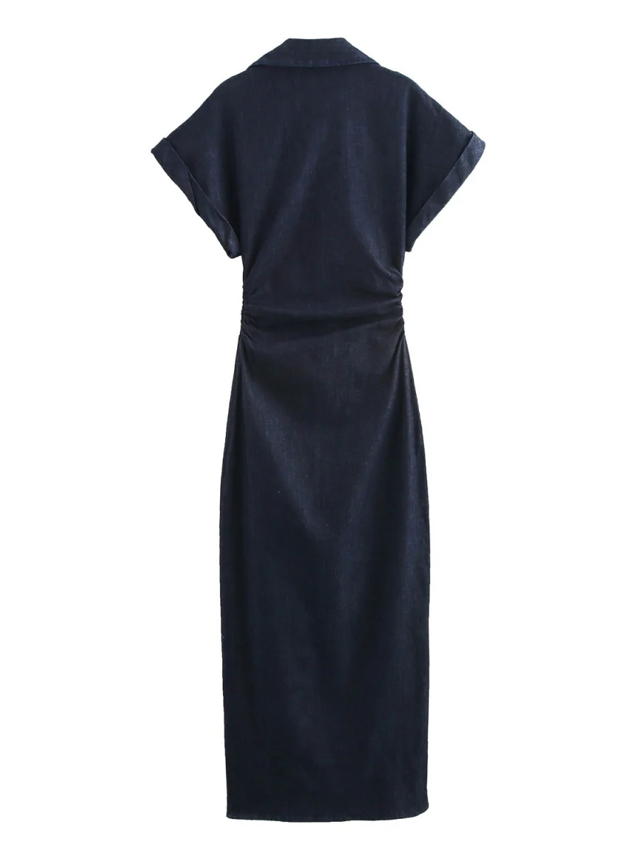 V-neck Short Sleeve Waist Hip-hugging Button Slit Commuting Temperament Maxi Dresses - Image 11