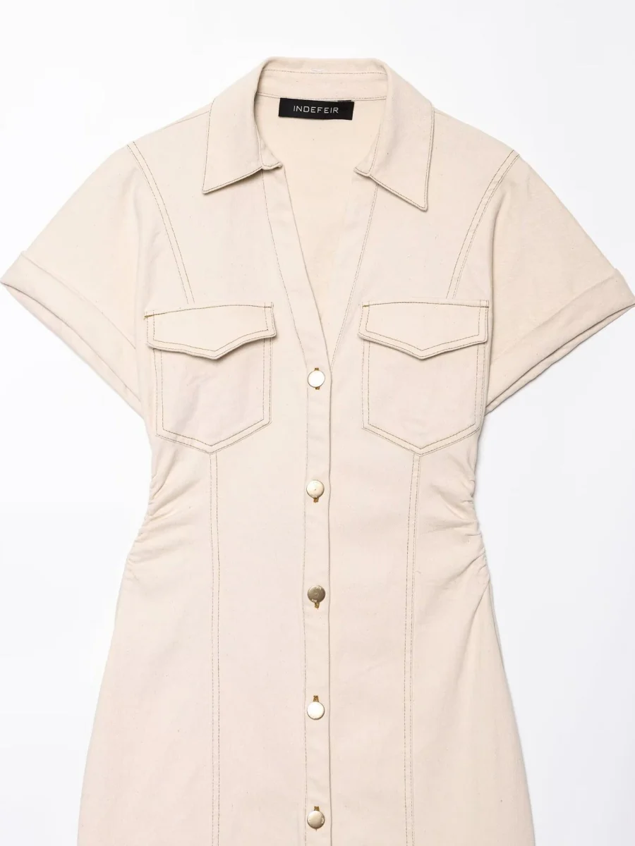V-neck Short Sleeve Waist Hip-hugging Button Slit Commuting Temperament Maxi Dresses - Image 3