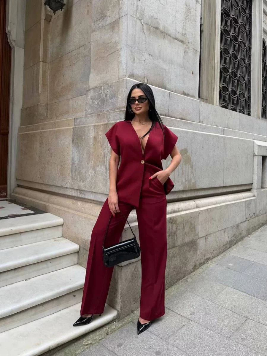 V-neck Buttons Jacket Wide-leg Pants Set Commuting 2-piece Sets - Image 2