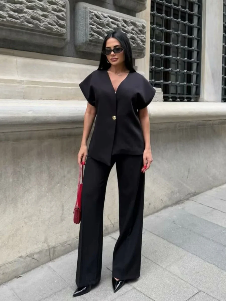 V-neck Buttons Jacket Wide-leg Pants Set Commuting 2-piece Sets - Image 3