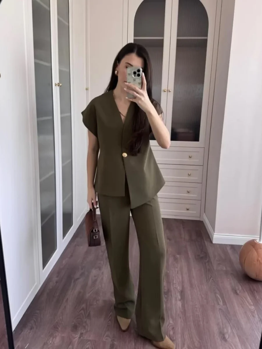 V-neck Buttons Jacket Wide-leg Pants Set Commuting 2-piece Sets - Image 4