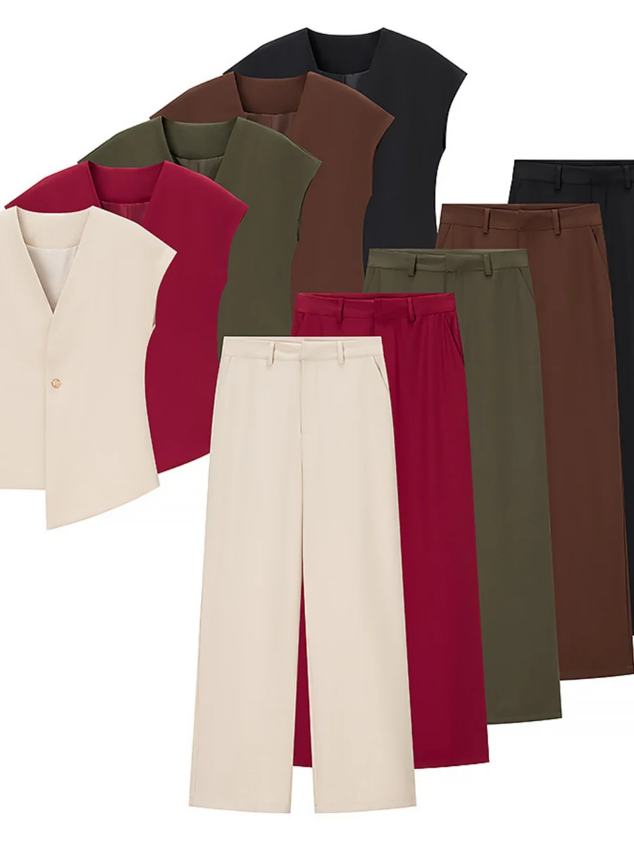 V-neck Buttons Jacket Wide-leg Pants Set Commuting 2-piece Sets - Image 5