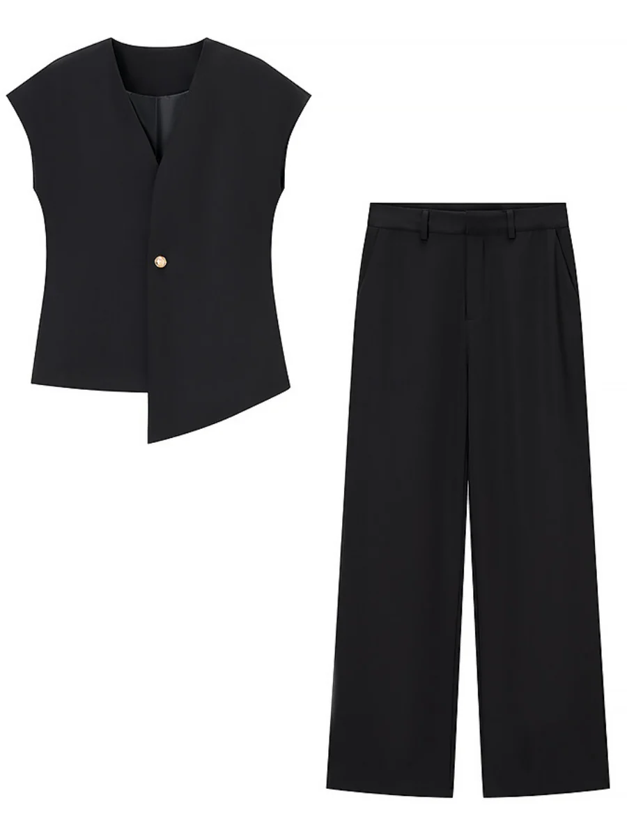 V-neck Buttons Jacket Wide-leg Pants Set Commuting 2-piece Sets - Image 6
