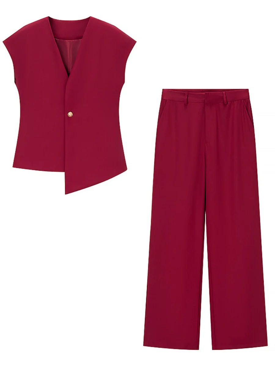 V-neck Buttons Jacket Wide-leg Pants Set Commuting 2-piece Sets - Image 8