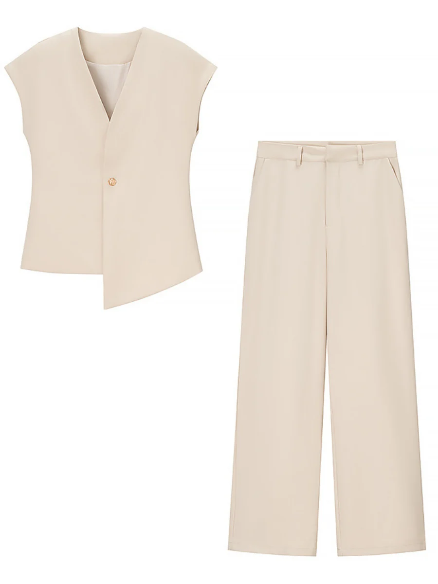V-neck Buttons Jacket Wide-leg Pants Set Commuting 2-piece Sets - Image 9
