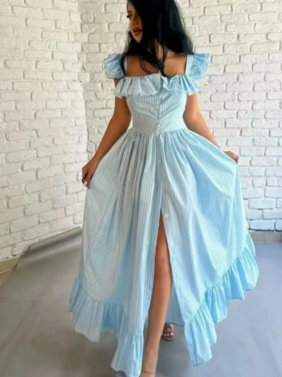 Square Collar Ruffle Button Slit Big Swing Sweet Maxi Dresses - Image 10