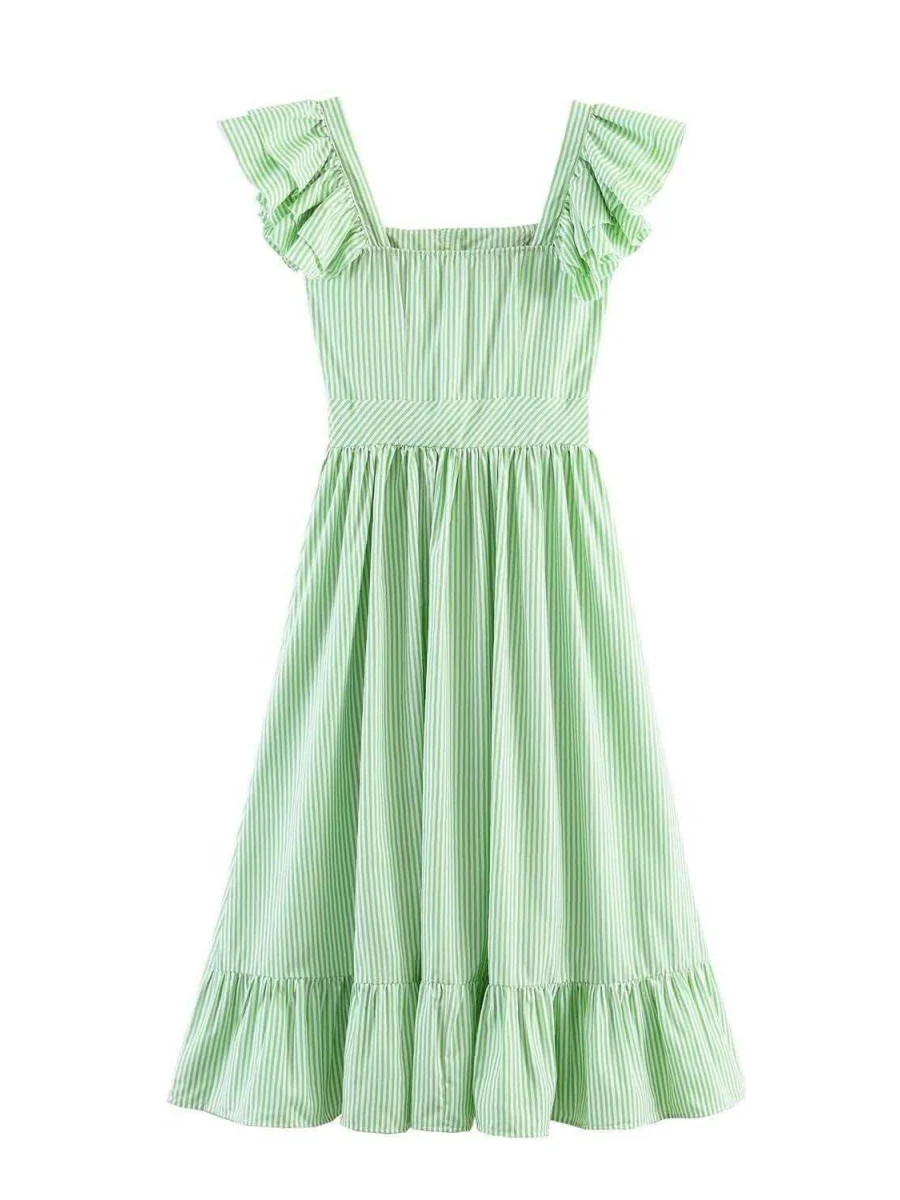 Square Collar Ruffle Button Slit Big Swing Sweet Maxi Dresses - Image 6