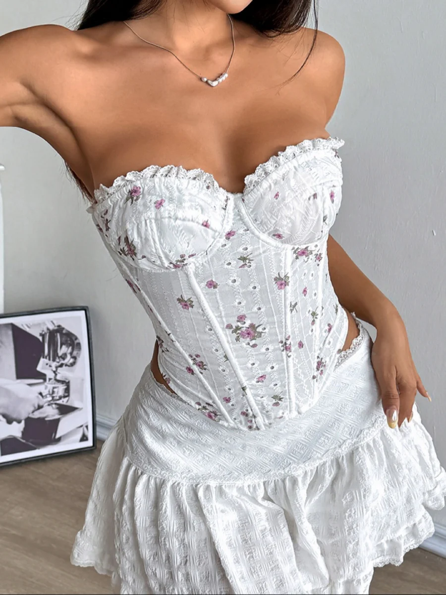 Sweet Floral Lace Trim Fish Bones Tube Top Camisoles - Image 3