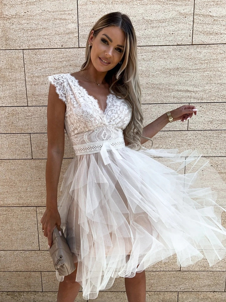 V-neck With Lace Trim Multi-story Mesh Sleeveless Mini&Short Dresses - Image 2