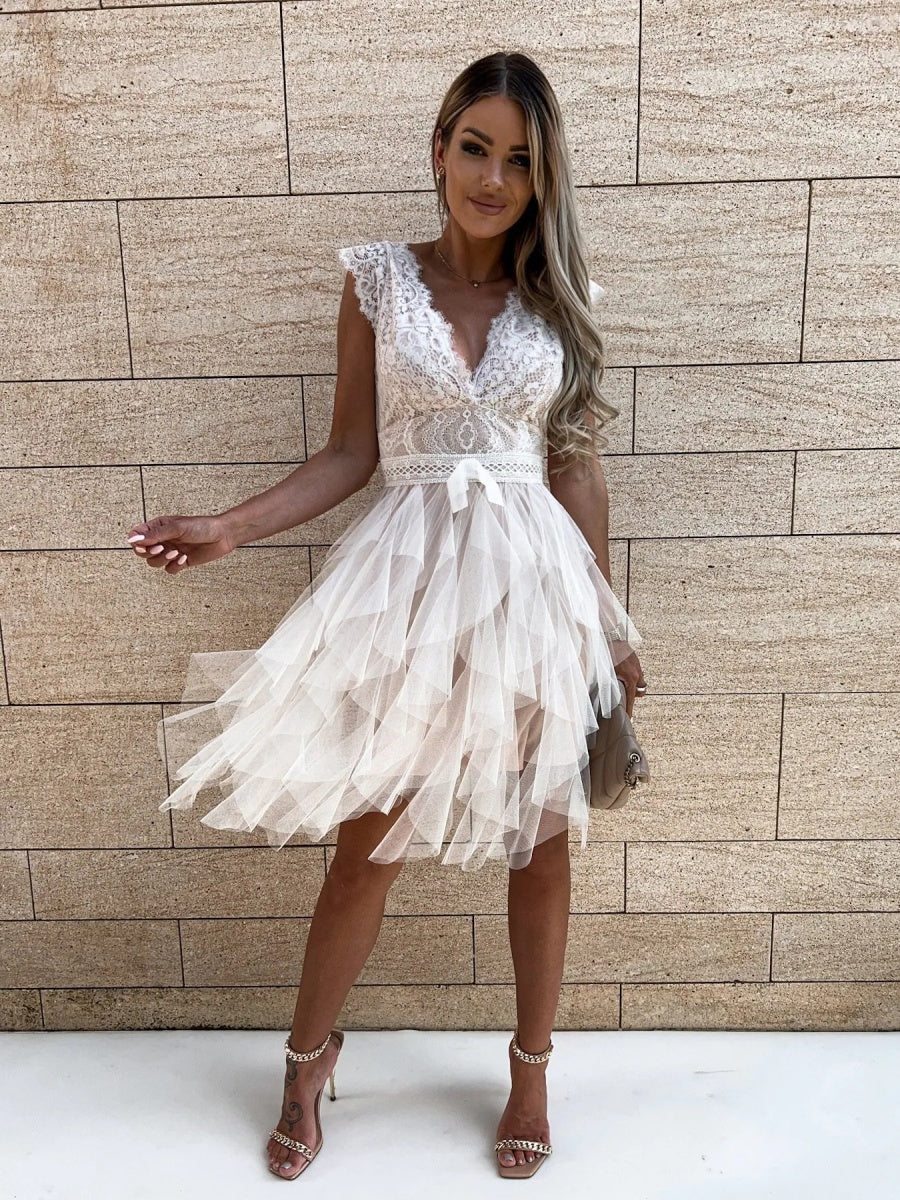 V-neck With Lace Trim Multi-story Mesh Sleeveless Mini&Short Dresses - Image 4