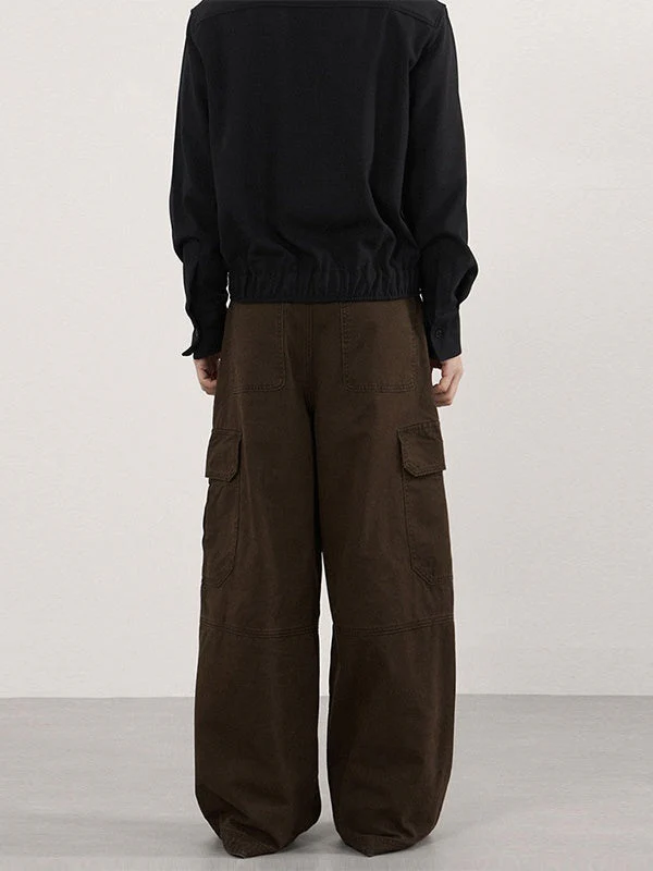 Retro Vintage Multiple Pockets Splicing Pleated Wide-leg Cargo Trousers - Image 3