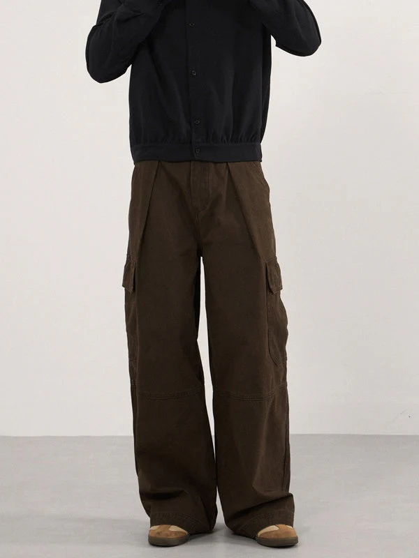 Retro Vintage Multiple Pockets Splicing Pleated Wide-leg Cargo Trousers - Image 4