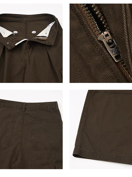 Retro Vintage Multiple Pockets Splicing Pleated Wide-leg Cargo Trousers - Image 5