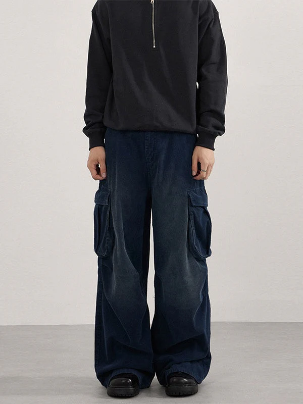 Retro Washing Corduroy Leisure Pleated Multiple Pockets Cargo Trousers - Image 2