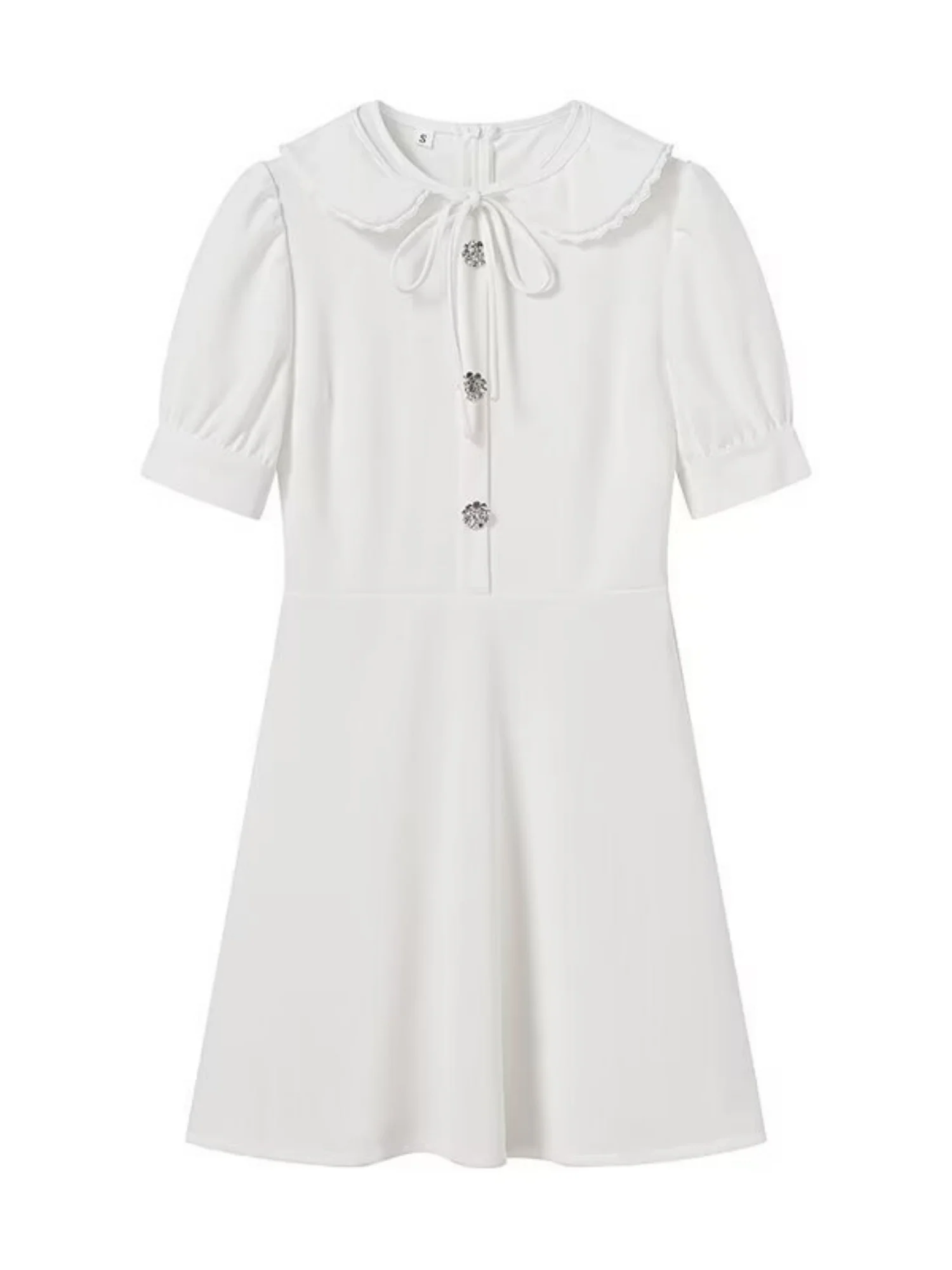 Color-blocked Detachable Peter Pan Collar Buttons Short Sleeves Mini&Short Dresses - Image 3