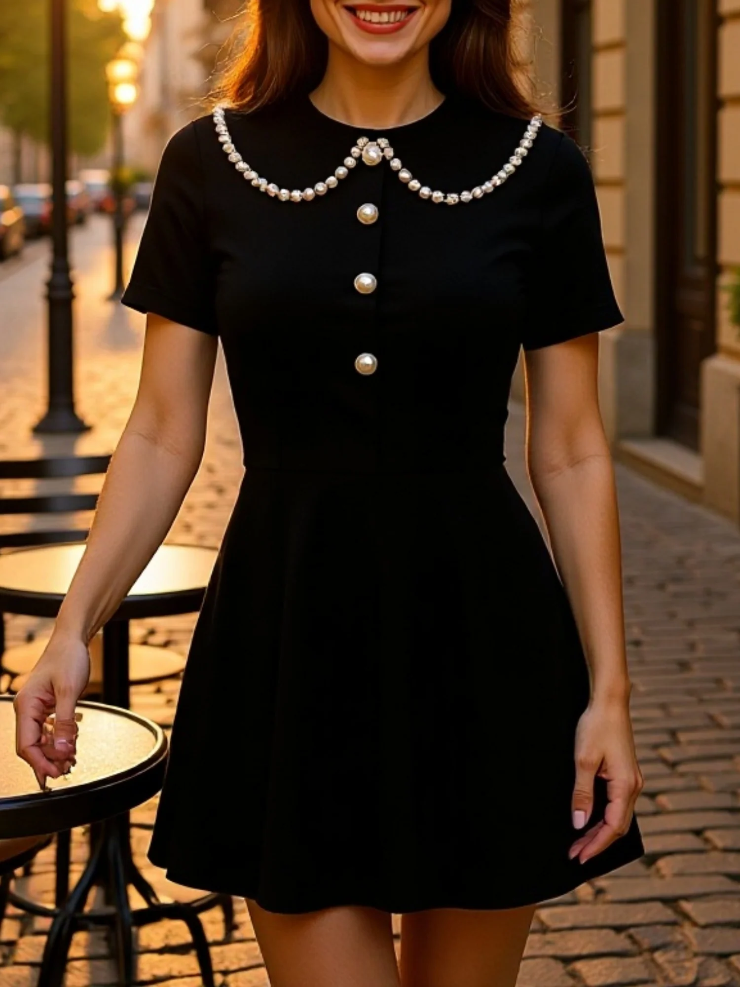 Color-blocked Detachable Peter Pan Collar Buttons Short Sleeves Mini&Short Dresses - Image 4