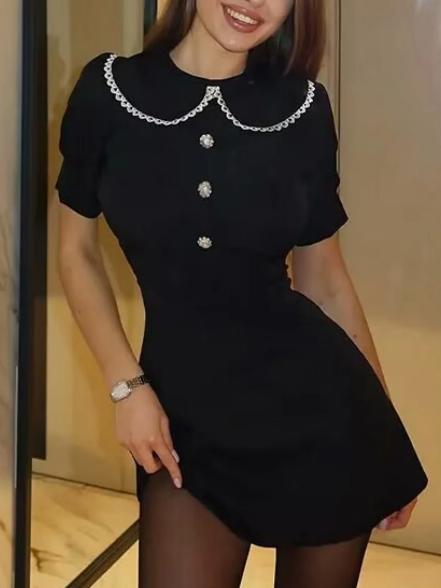 Color-blocked Detachable Peter Pan Collar Buttons Short Sleeves Mini&Short Dresses - Image 5