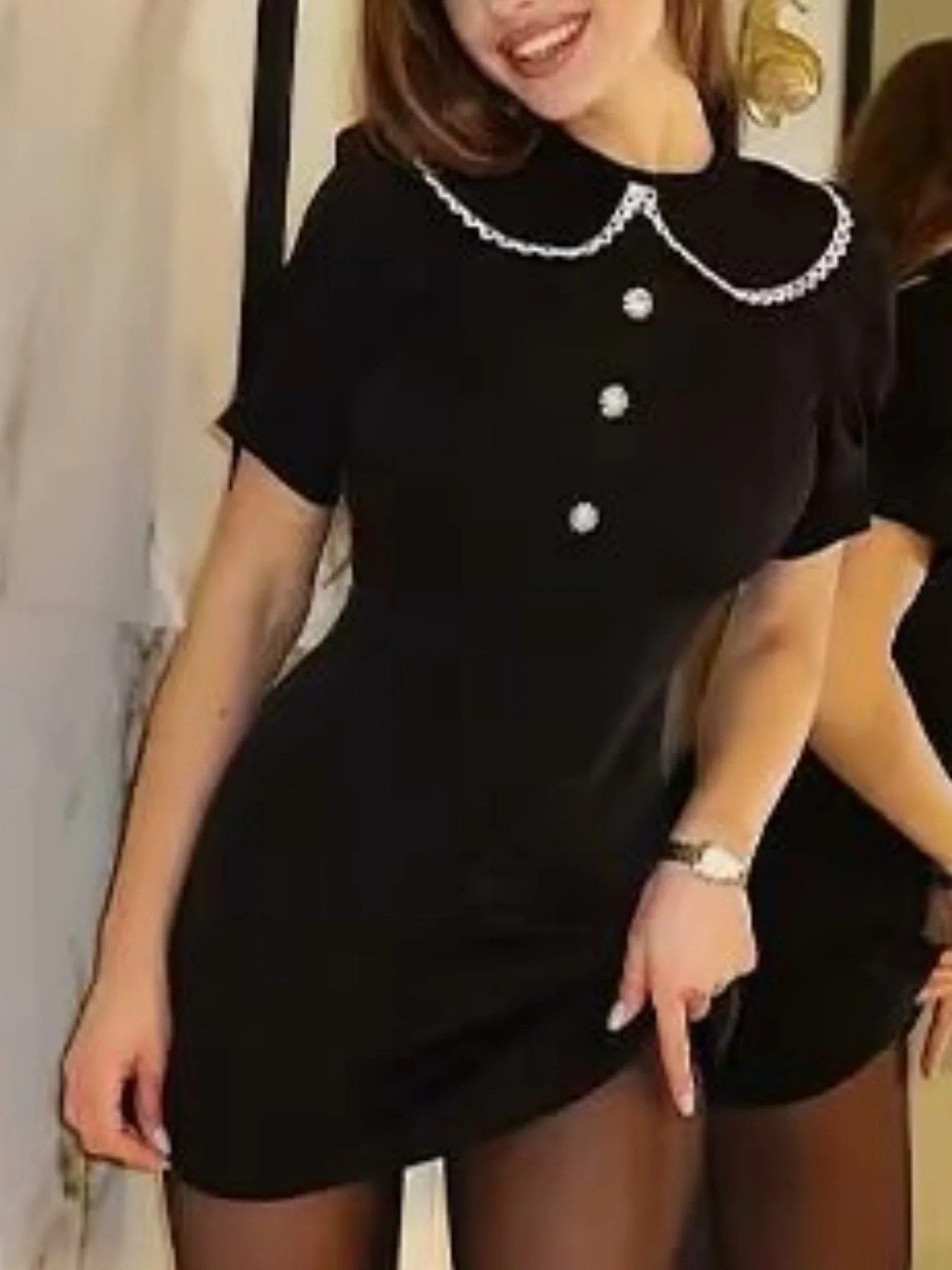 Color-blocked Detachable Peter Pan Collar Buttons Short Sleeves Mini&Short Dresses - Image 6