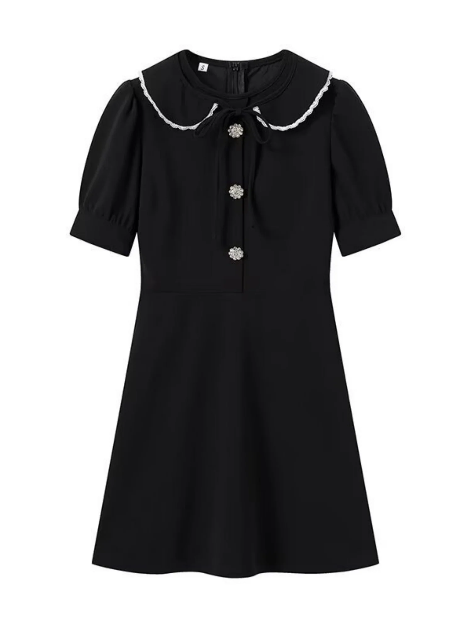 Color-blocked Detachable Peter Pan Collar Buttons Short Sleeves Mini&Short Dresses - Image 7