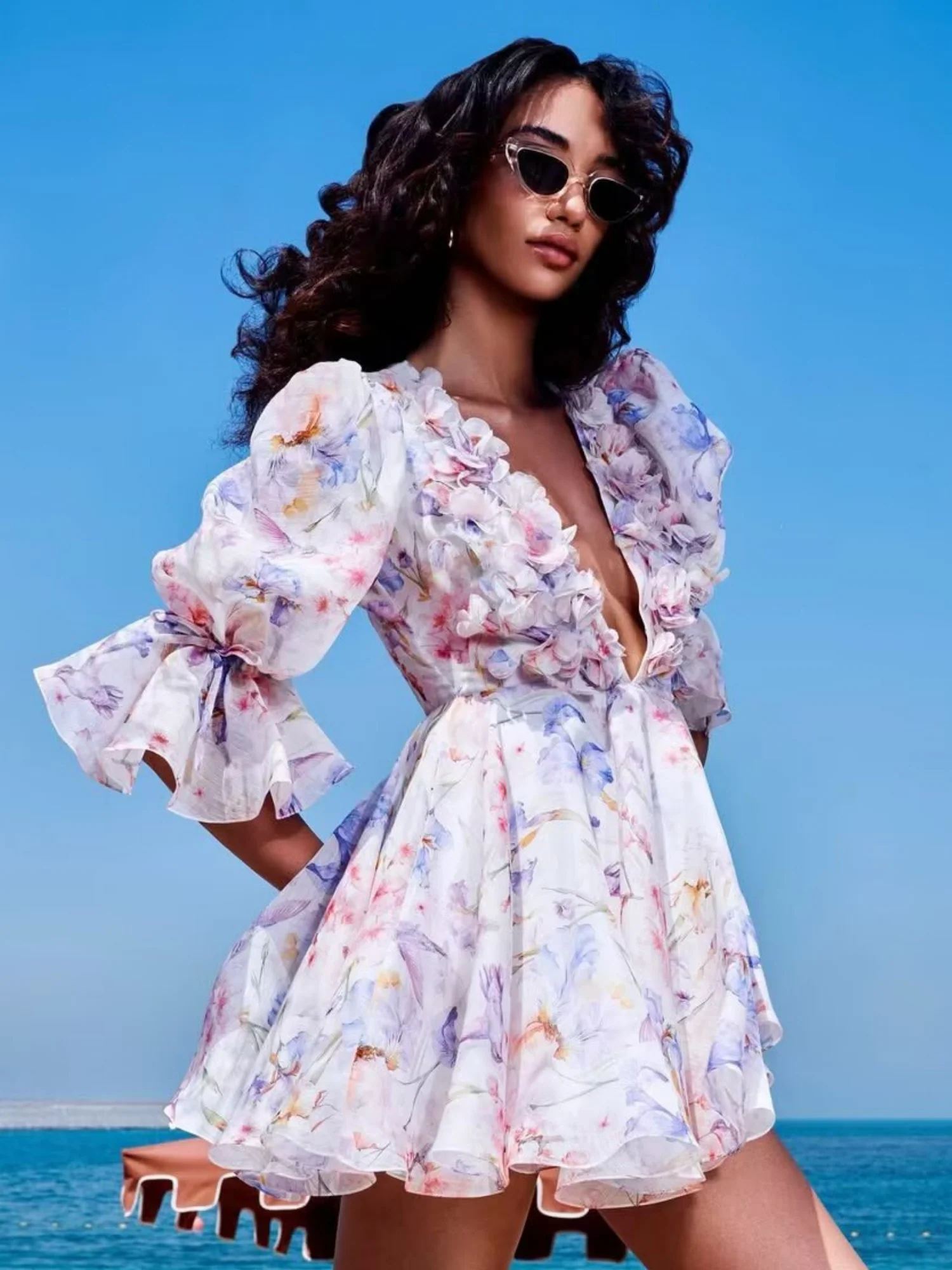 Floral Print Chiffon Puff Sleeve V-neck Mini&Short Dresses - Image 2