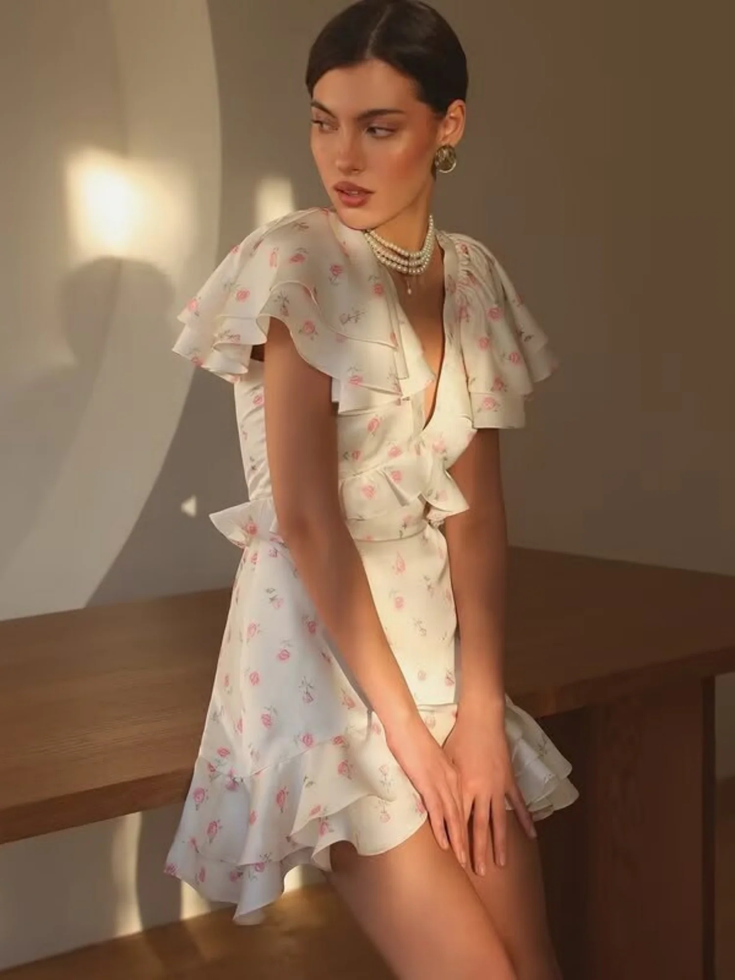 Floral Print Ruffled V-neck Mini&Short Dresses