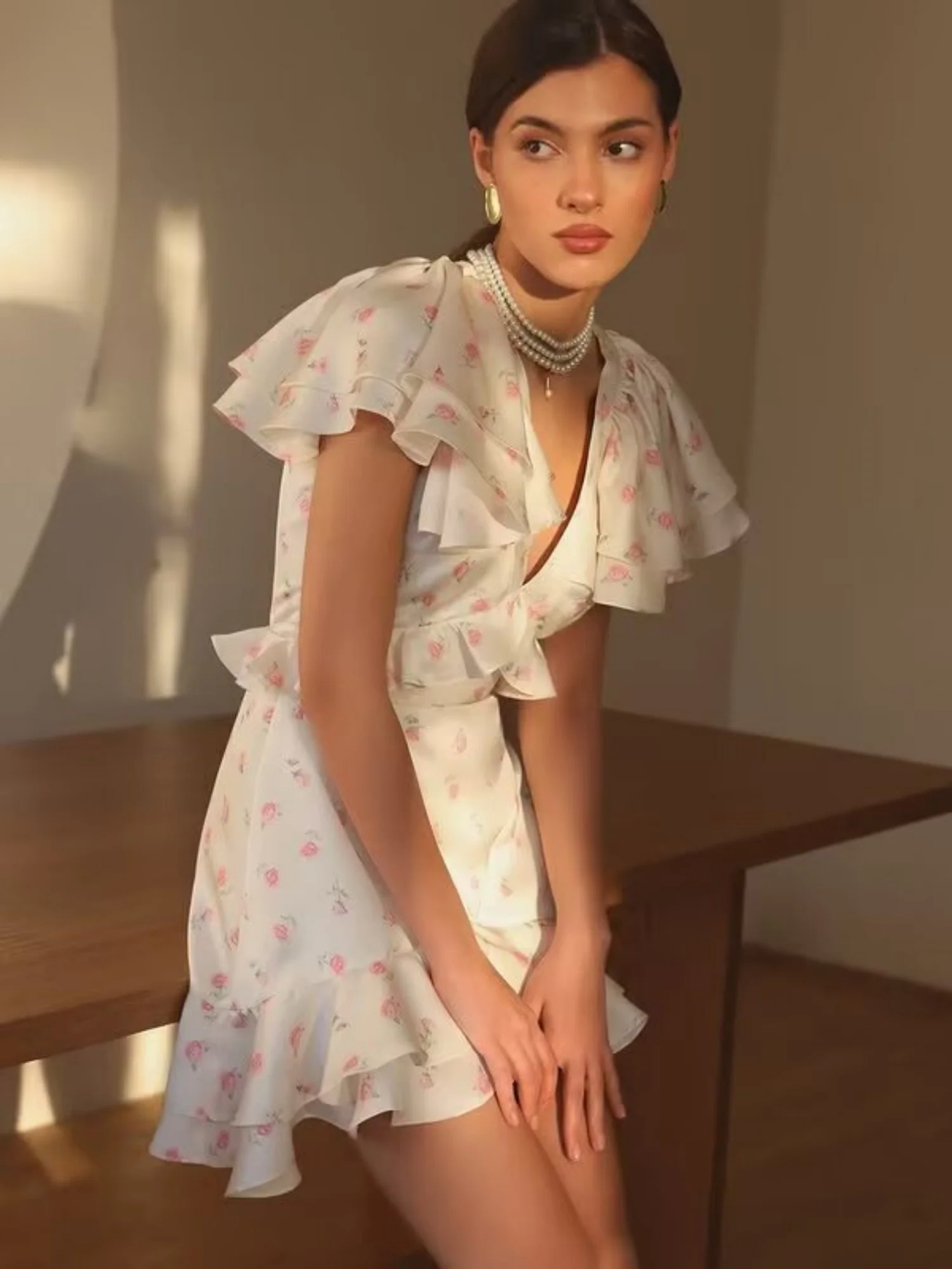 Floral Print Ruffled V-neck Mini&Short Dresses - Image 2