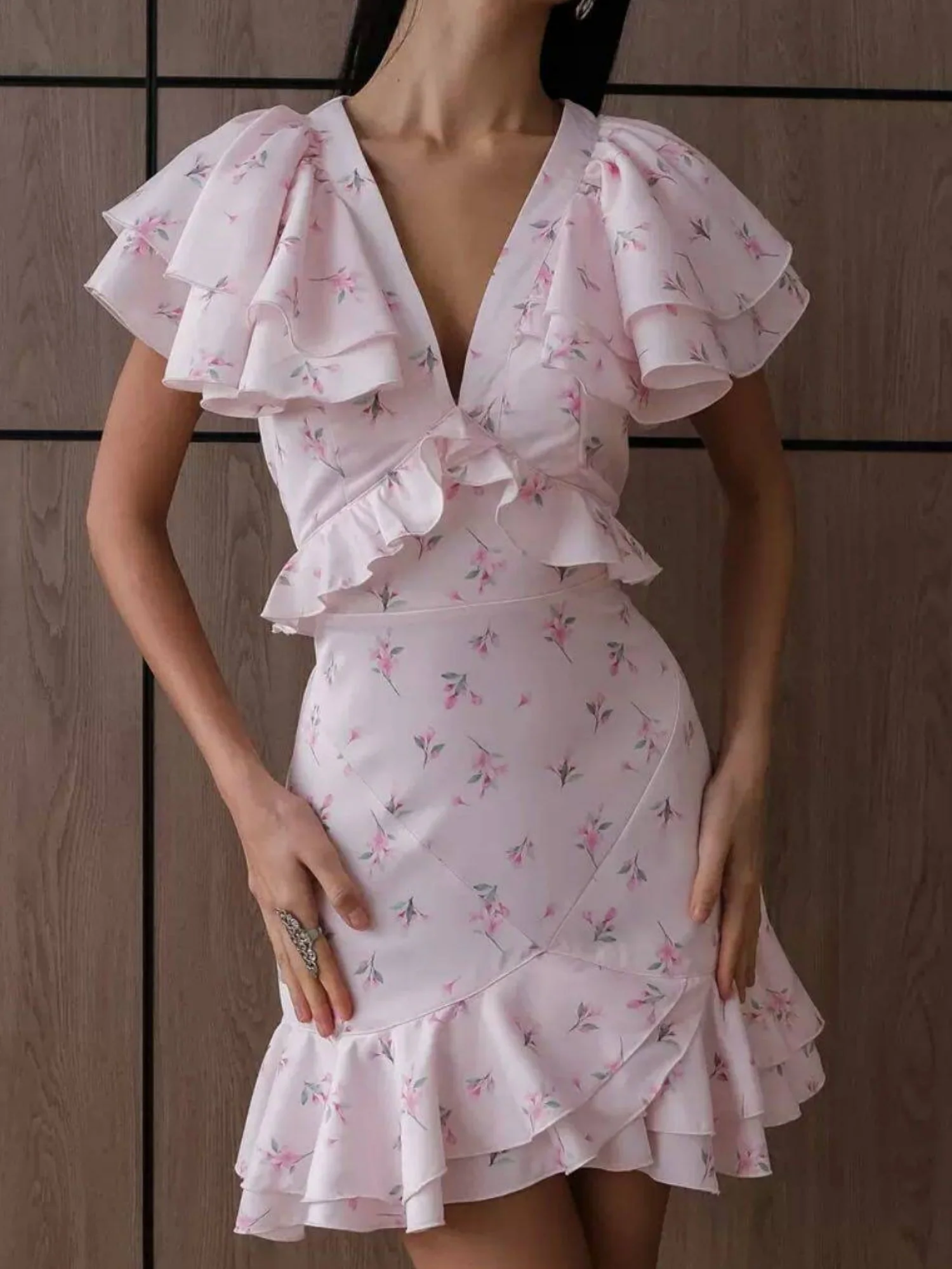 Floral Print Ruffled V-neck Mini&Short Dresses - Image 5
