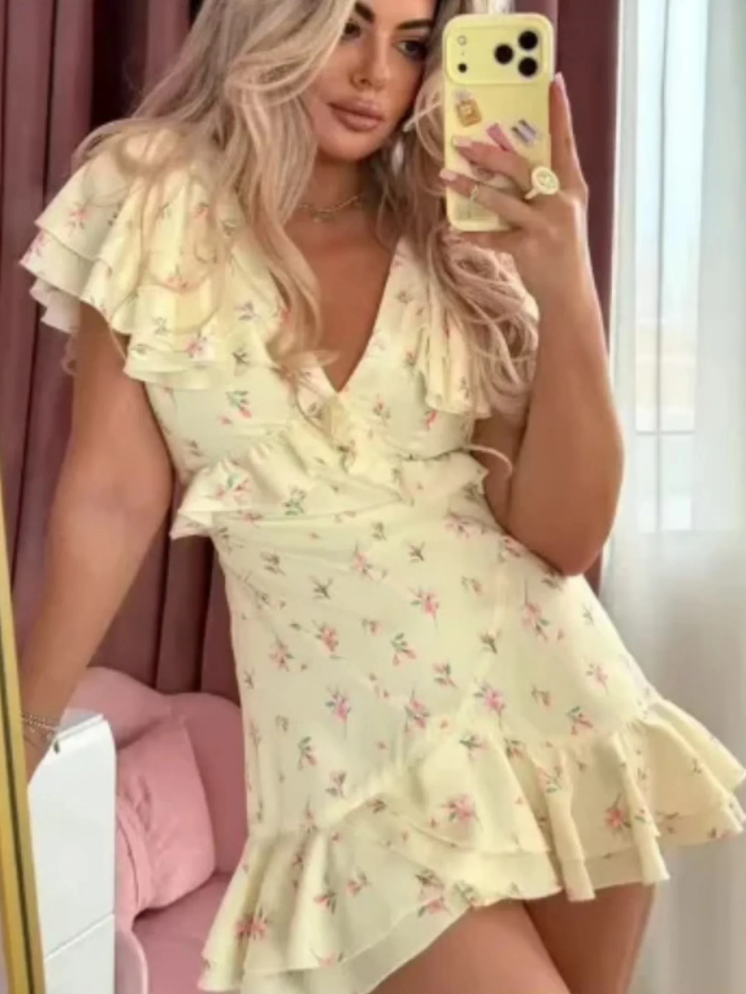Floral Print Ruffled V-neck Mini&Short Dresses - Image 6