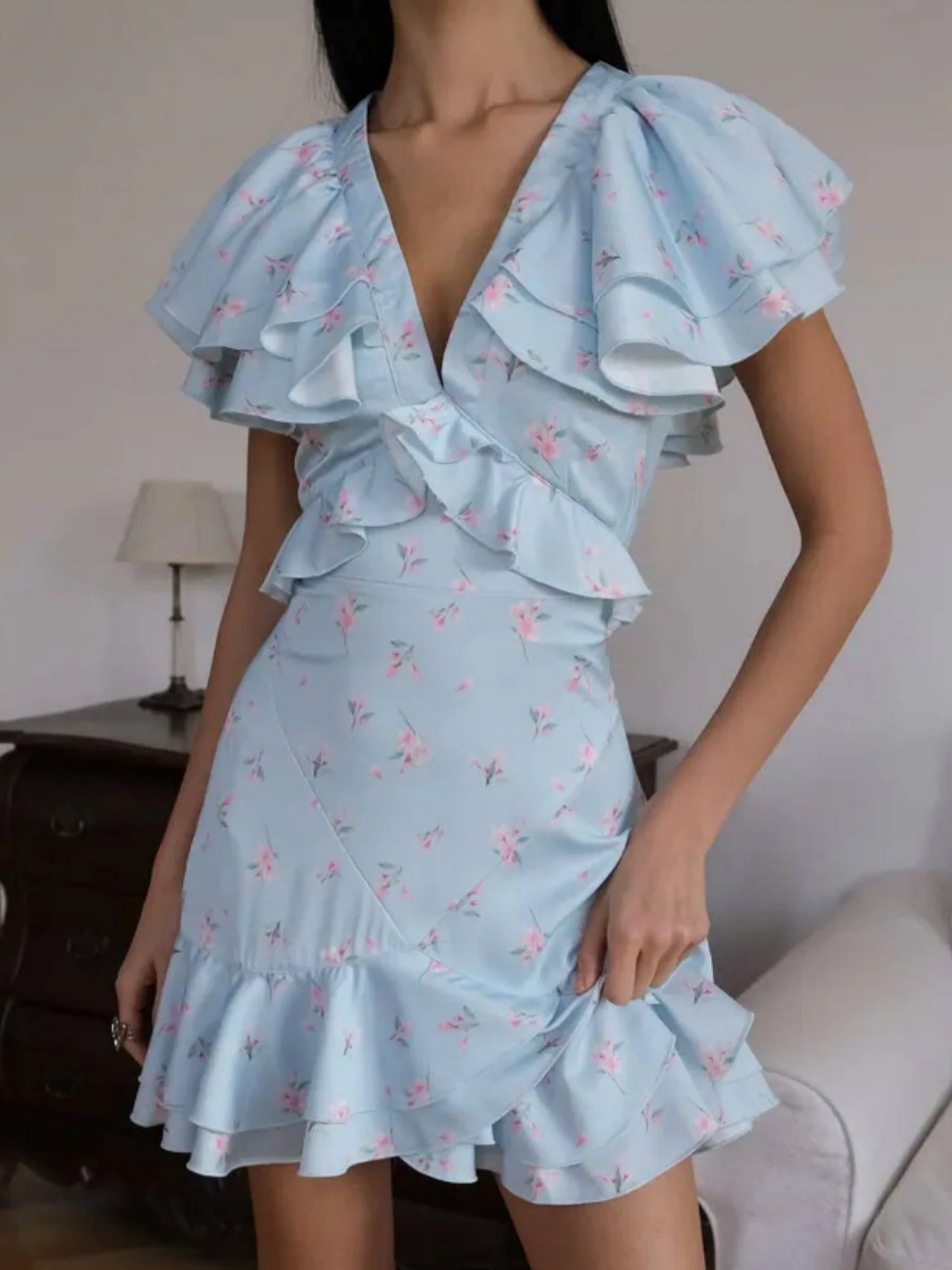 Floral Print Ruffled V-neck Mini&Short Dresses - Image 7