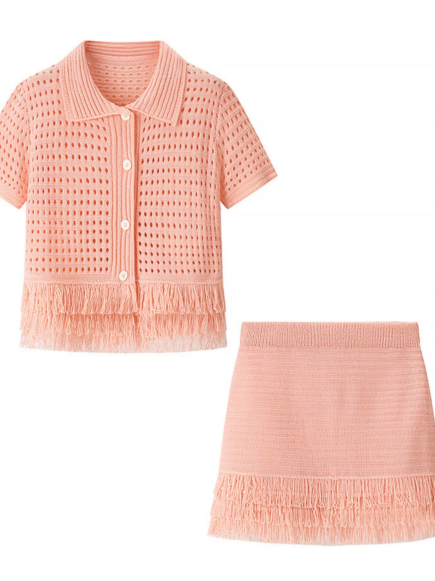 Tassel Knitting Short-sleeved Jacket High-waisted Mini Skirt 2-piece Sets - Image 5