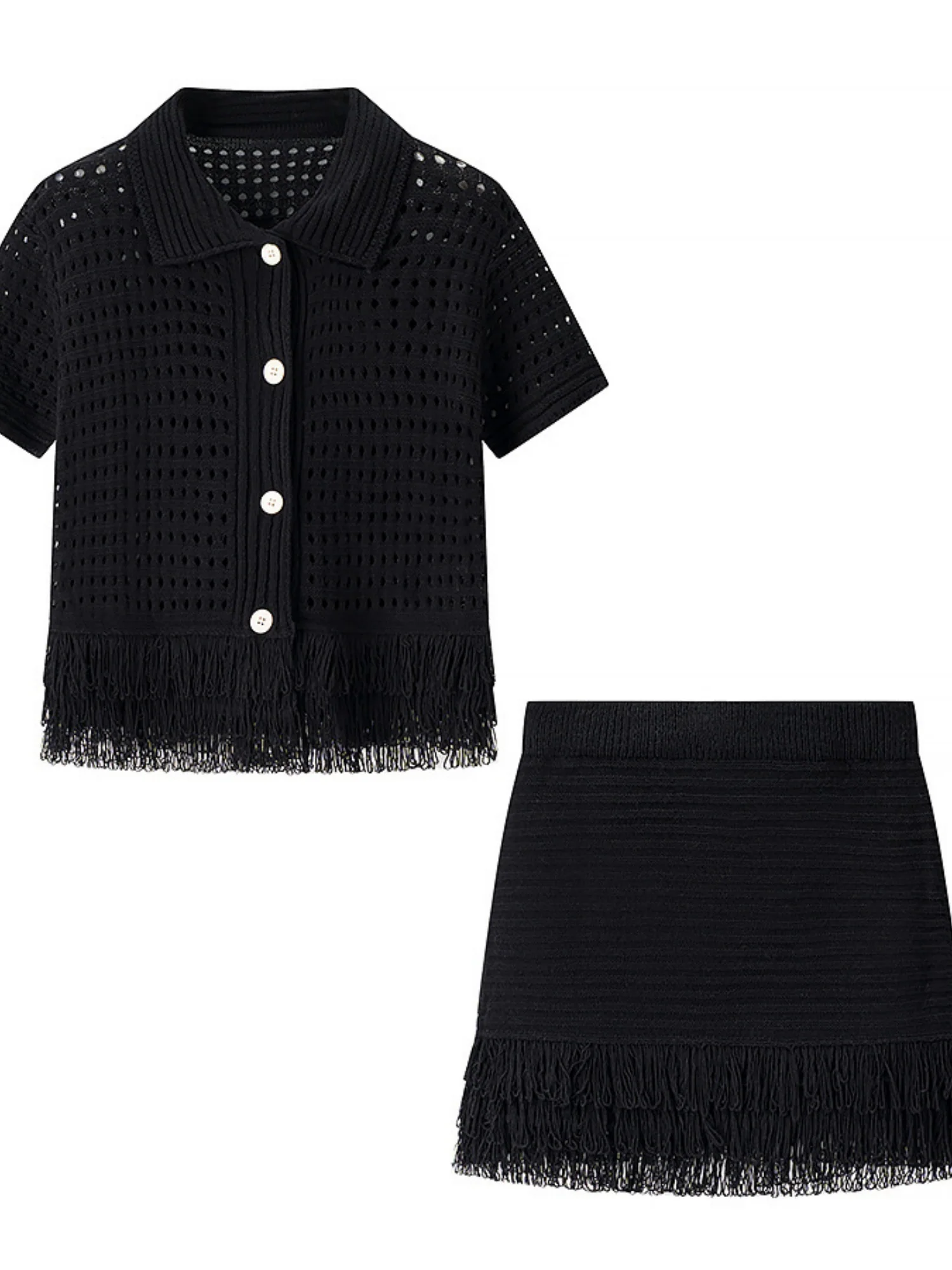 Tassel Knitting Short-sleeved Jacket High-waisted Mini Skirt 2-piece Sets - Image 6