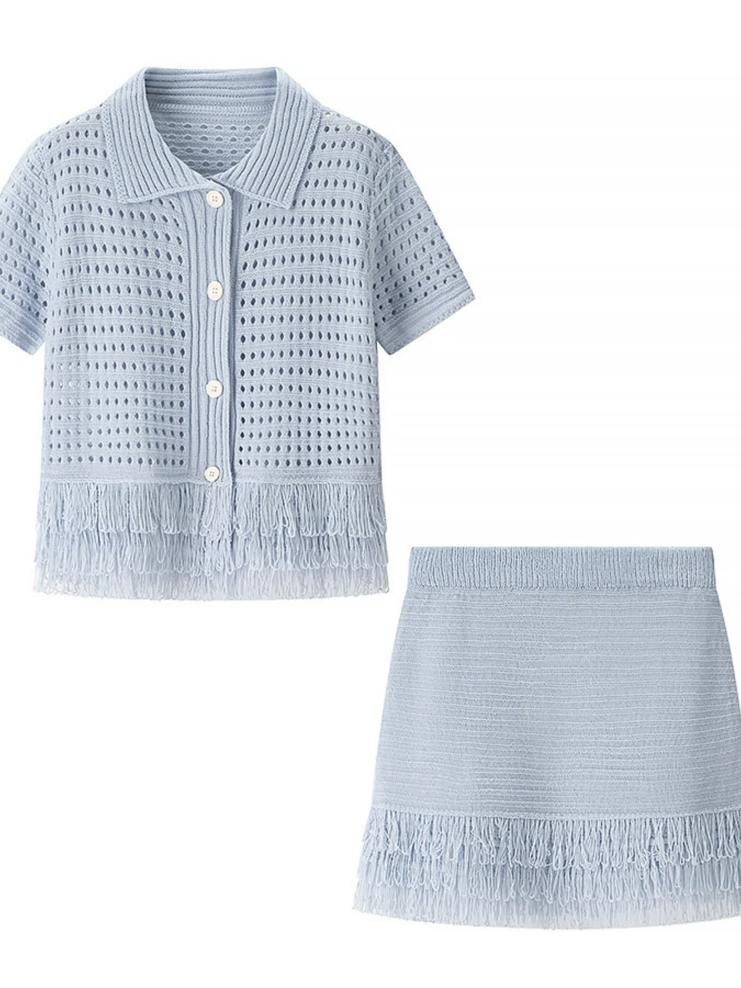 Tassel Knitting Short-sleeved Jacket High-waisted Mini Skirt 2-piece Sets - Image 8